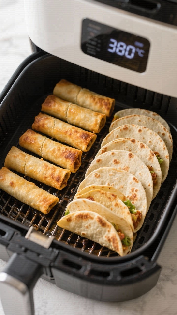 Cooking process: Overhead shot of neatly arranged taquitos seam-side down in an air fryer basket, mi
