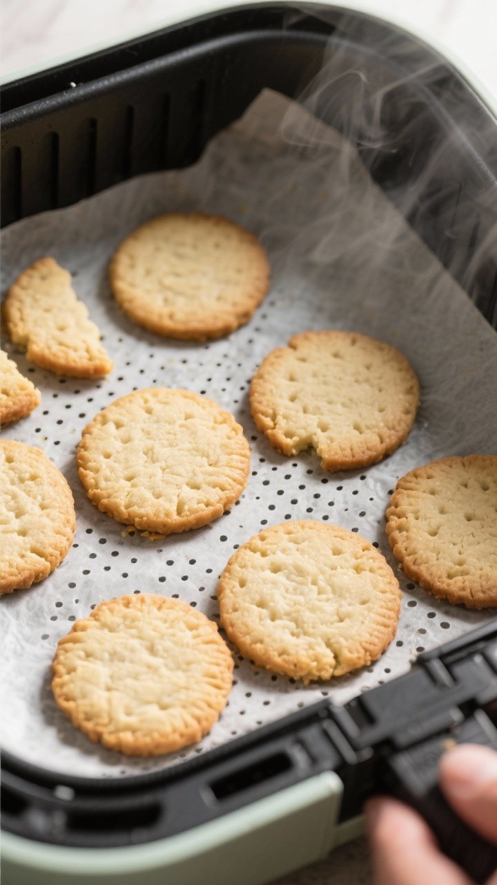 Cooking process: Overhead shot of neatly spaced cookie rounds in an air fryer basket lined with perf