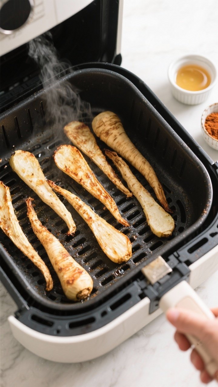 Cooking process: Overhead shot of par-cooked parsnips mid-air-fry during the shake/turn step, arrang