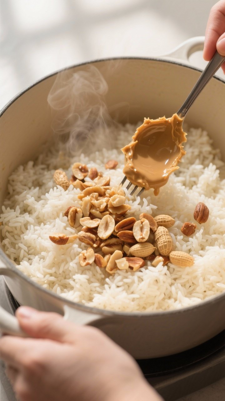 Cooking process: Overhead shot of peanut rice being finished in a pot—fluffy jasmine grains freshl