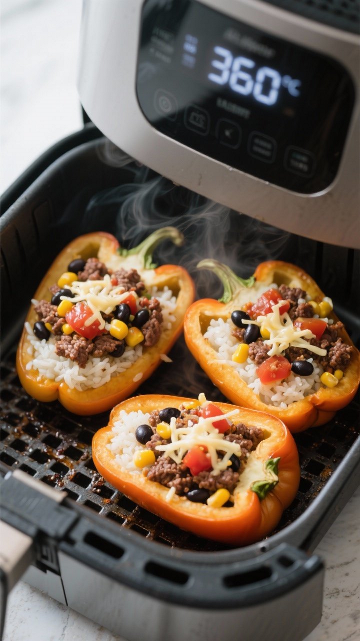 Pepper halves in an air fryer basket ready for chicken taco filling