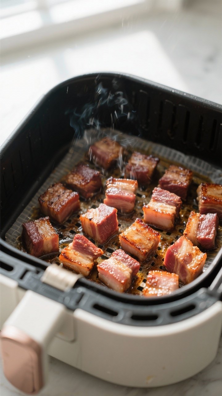 Cooking process: Overhead shot of pork belly cubes arranged in a single layer inside a preheated air