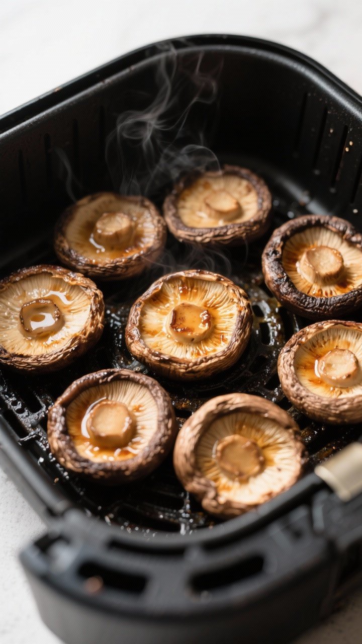 Cooking process: Overhead shot of portobello caps arranged cap-side up in an air fryer basket mid-co