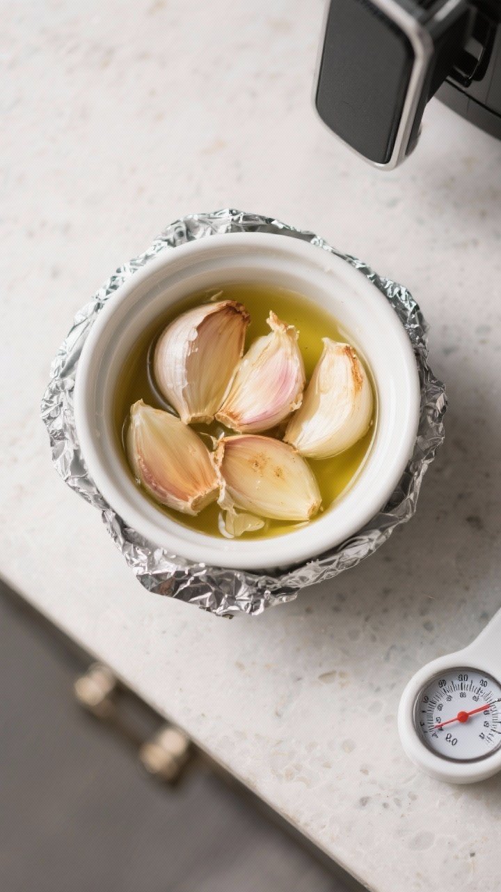 Cooking process: Overhead shot of pre-peeled roasted garlic cloves nestled in a small white ramekin,