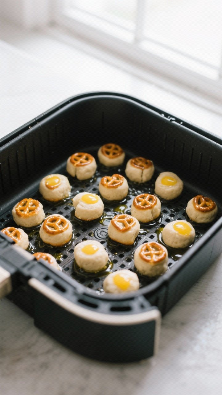 Cooking process: Overhead shot of pretzel bites just after the baking soda boil and egg wash, arrang