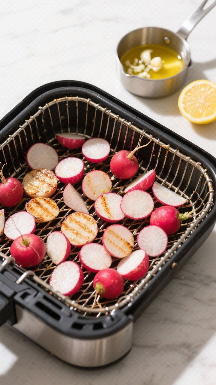 Cooking process: Overhead shot of radishes mid-cook in an open air fryer basket at 400°F, arranged