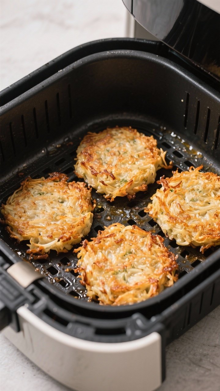 Cooking process: Overhead shot of rustic hash brown patties being crisped in an air fryer basket at 