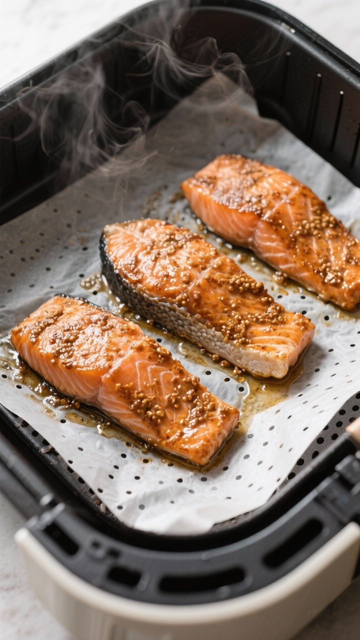Cooking process: Overhead shot of salmon fillets in the air fryer basket, skin-side down in a single