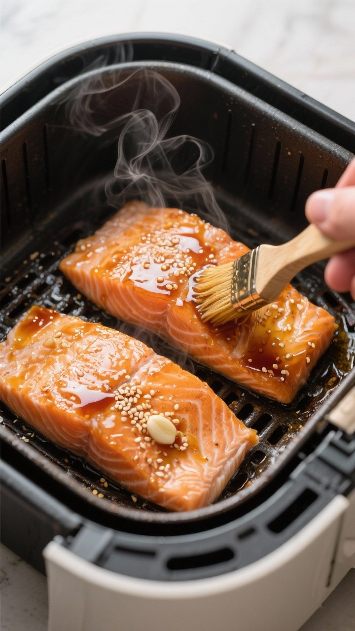 Honey garlic salmon in the air fryer basket overhead view