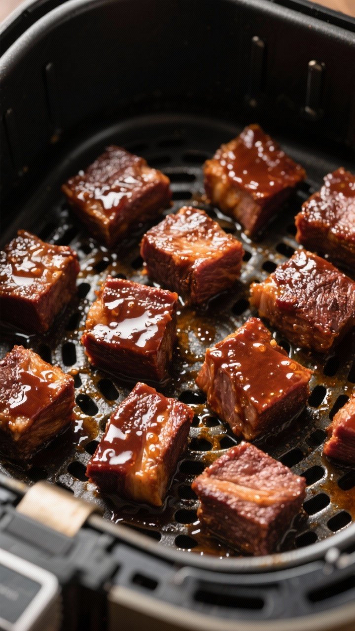 Cooking process: Overhead shot of sauced brisket cubes arranged in a single layer in an air fryer ba