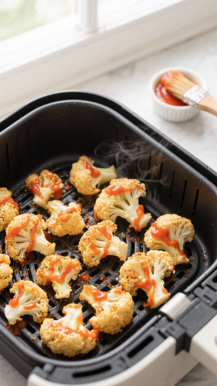 Sauced vegetables in air fryer basket as inspiration for buffalo chicken meal prep