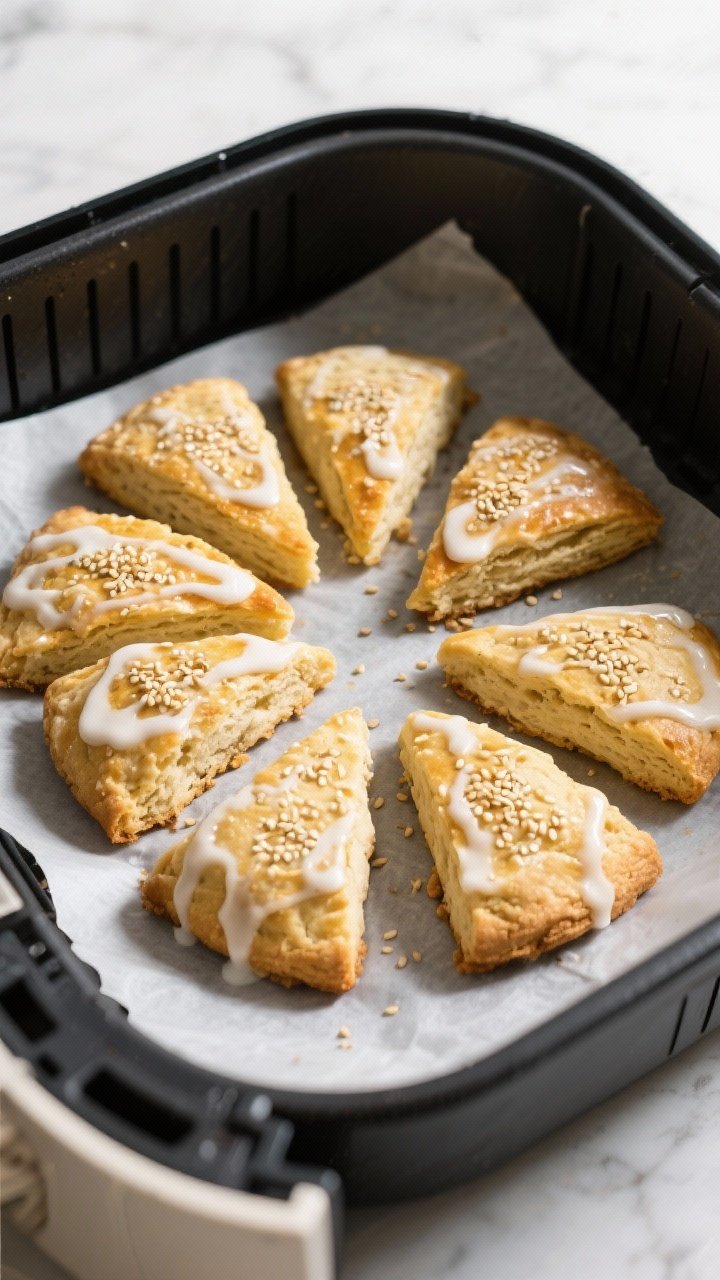 Cooking process: Overhead shot of scone wedges spaced in an air fryer basket on fitted parchment, to