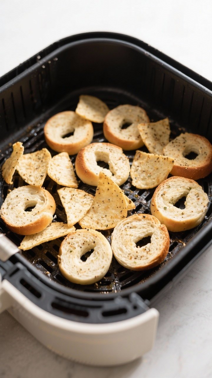 Cooking process: Overhead shot of seasoned bagel slices arranged in a single layer inside an air fry