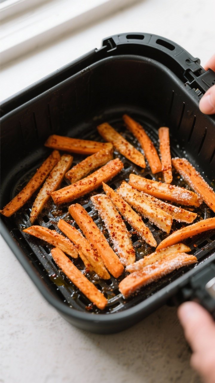 Cooking process: Overhead shot of seasoned carrot fries arranged in a single, uncrowded layer inside
