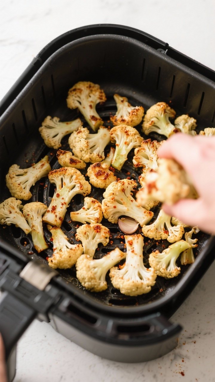 Cooking process: Overhead shot of seasoned cauliflower florets arranged in a single, non-overcrowded