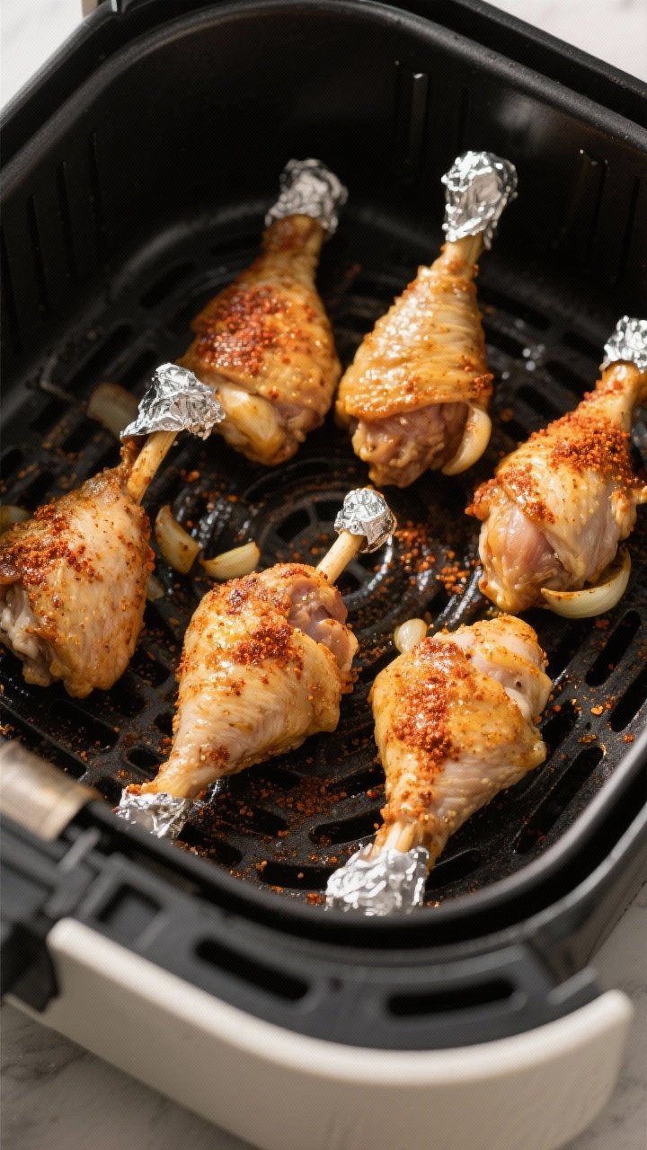 Cooking process: Overhead shot of seasoned chicken lollipops arranged meat-side up in an air fryer b