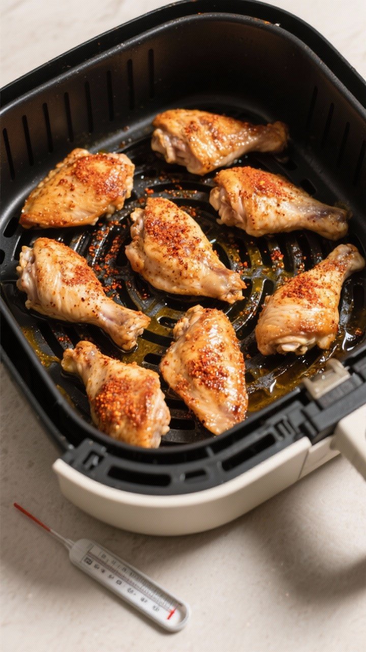 Cooking process: Overhead shot of seasoned chicken pieces arranged skin-side down in an air fryer ba