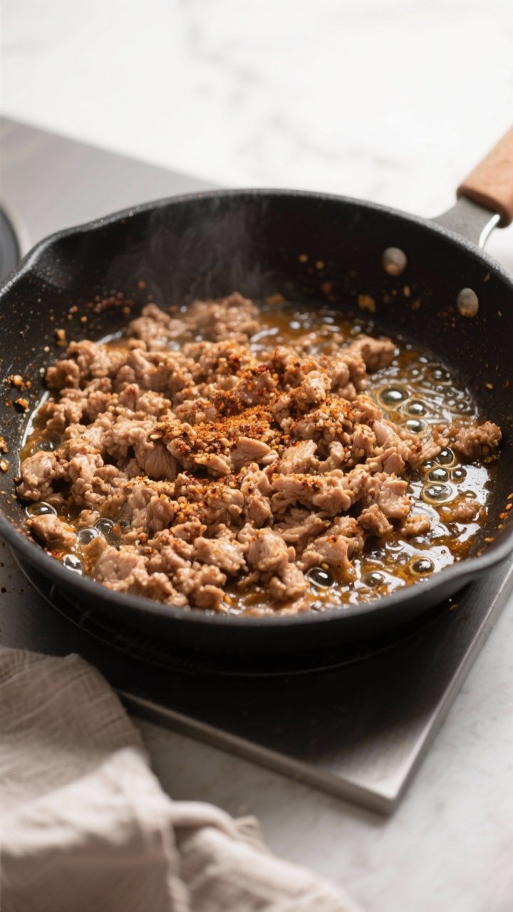 Cooking process: Overhead shot of seasoned ground turkey sizzling in a skillet—crumbled, browned m
