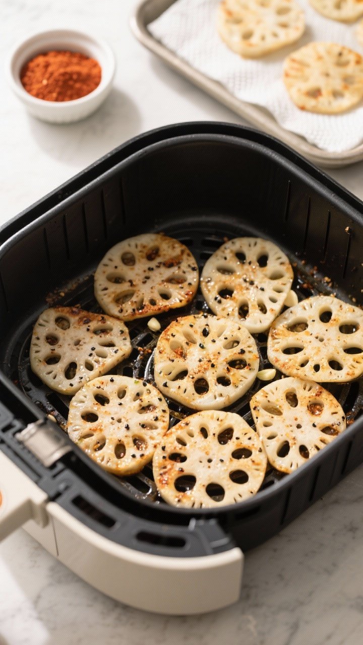 Cooking process: Overhead shot of seasoned lotus root slices arranged in a single, non-overlapping l