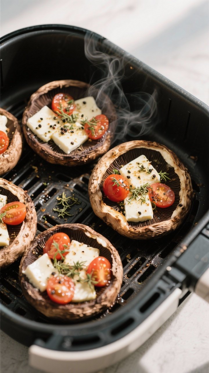 Cooking process: Overhead shot of seasoned portobello caps in an air fryer basket after the initial