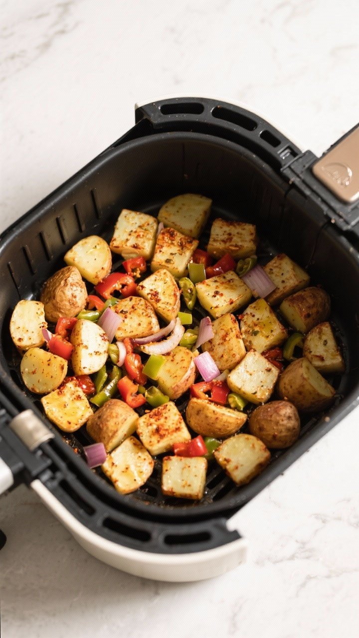Cooking process: Overhead shot of seasoned potato cubes spread in a single even layer inside a prehe