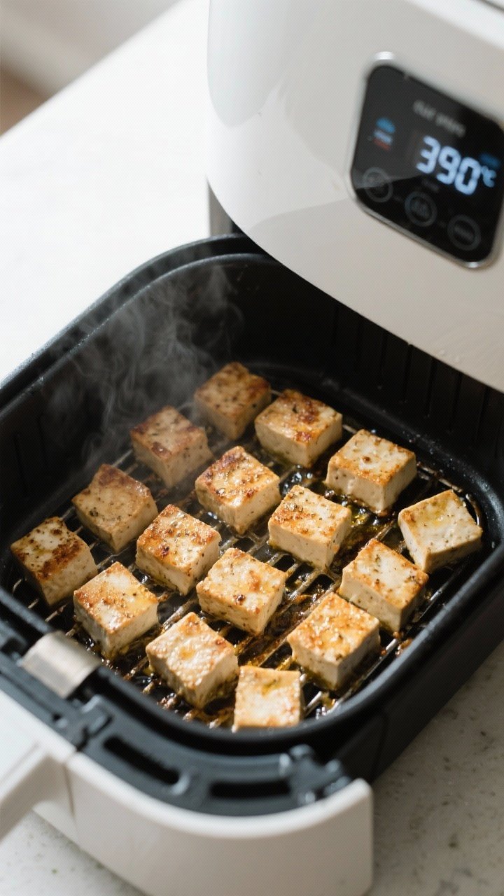 Cooking process: Overhead shot of seasoned tofu cubes arranged in a single layer in an air fryer bas