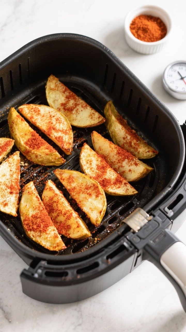 Cooking process: Overhead shot of seasoned wedges arranged in a single, non-overlapping layer in an