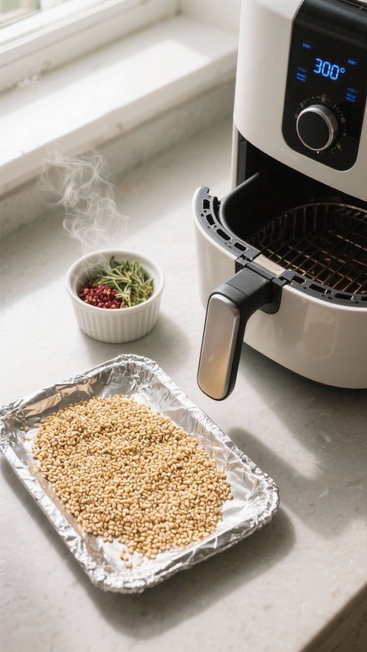 Cooking process: Overhead shot of sesame seeds cooling on a small foil sheet next to an open air fry