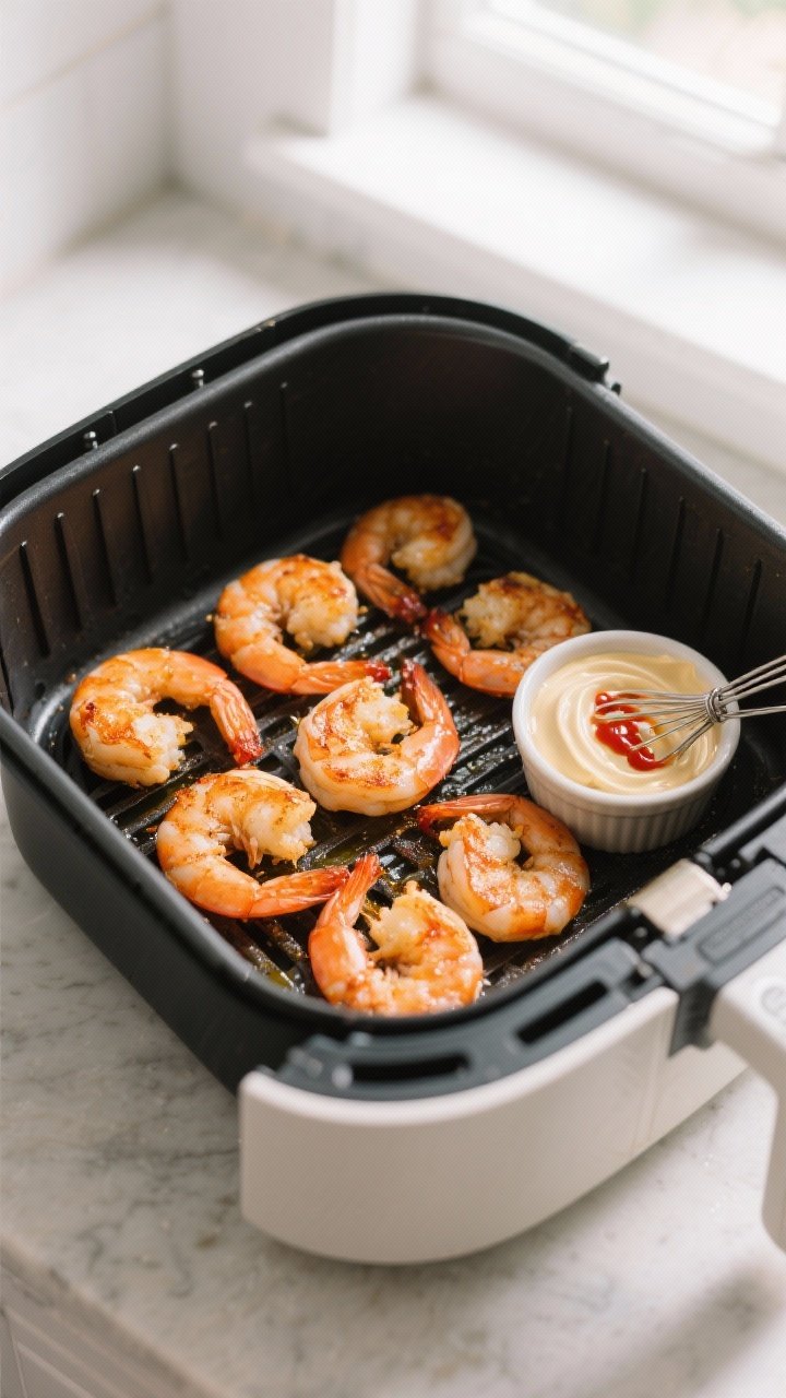 Cooking process: Overhead shot of shrimp arranged in a single, uncrowded layer inside an air fryer b