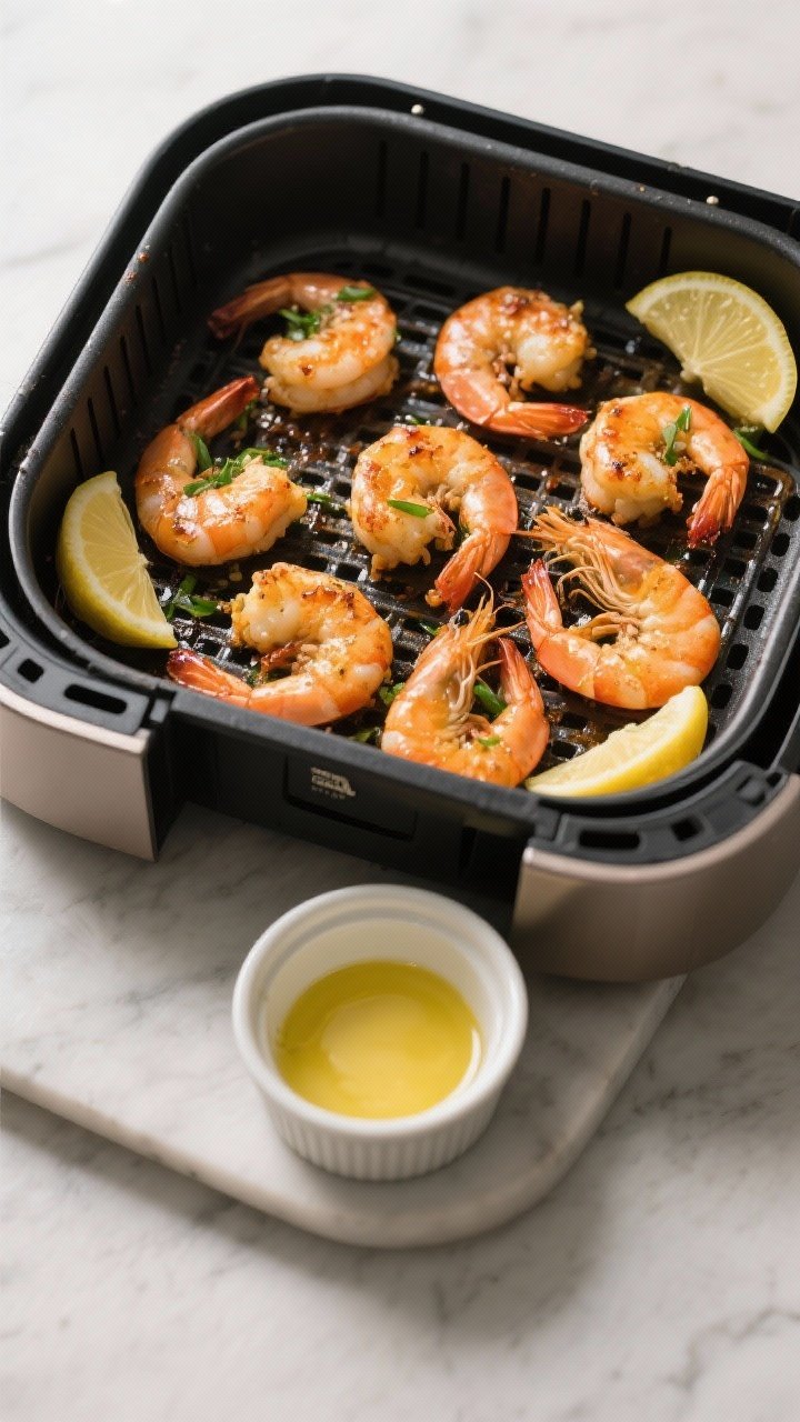 Cooking process: Overhead shot of shrimp scampi mid-cook in an air fryer basket at 400°F, single la