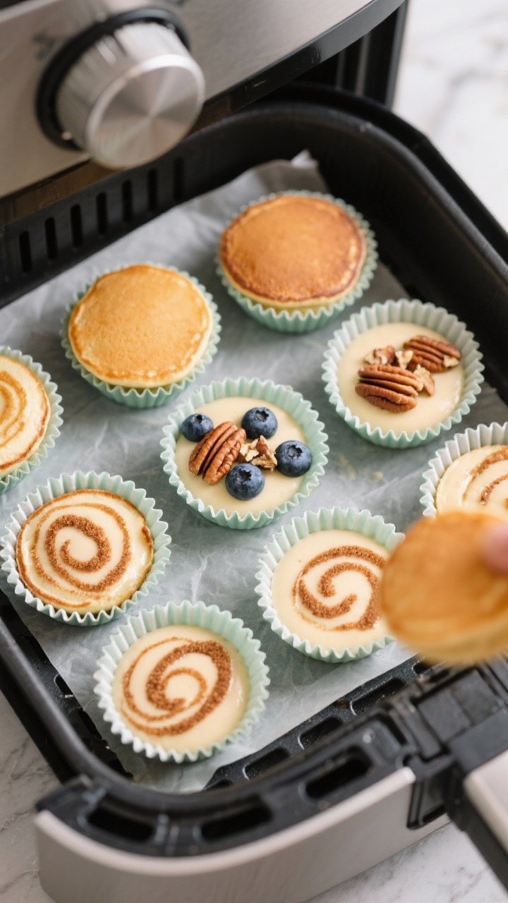 Cooking process: Overhead shot of silicone mini muffin cups filled 3/4 with smooth pancake batter in