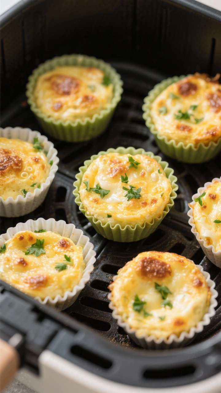 Cooking process: Overhead shot of silicone muffin cups in an air fryer basket at 325°F, frittatas p