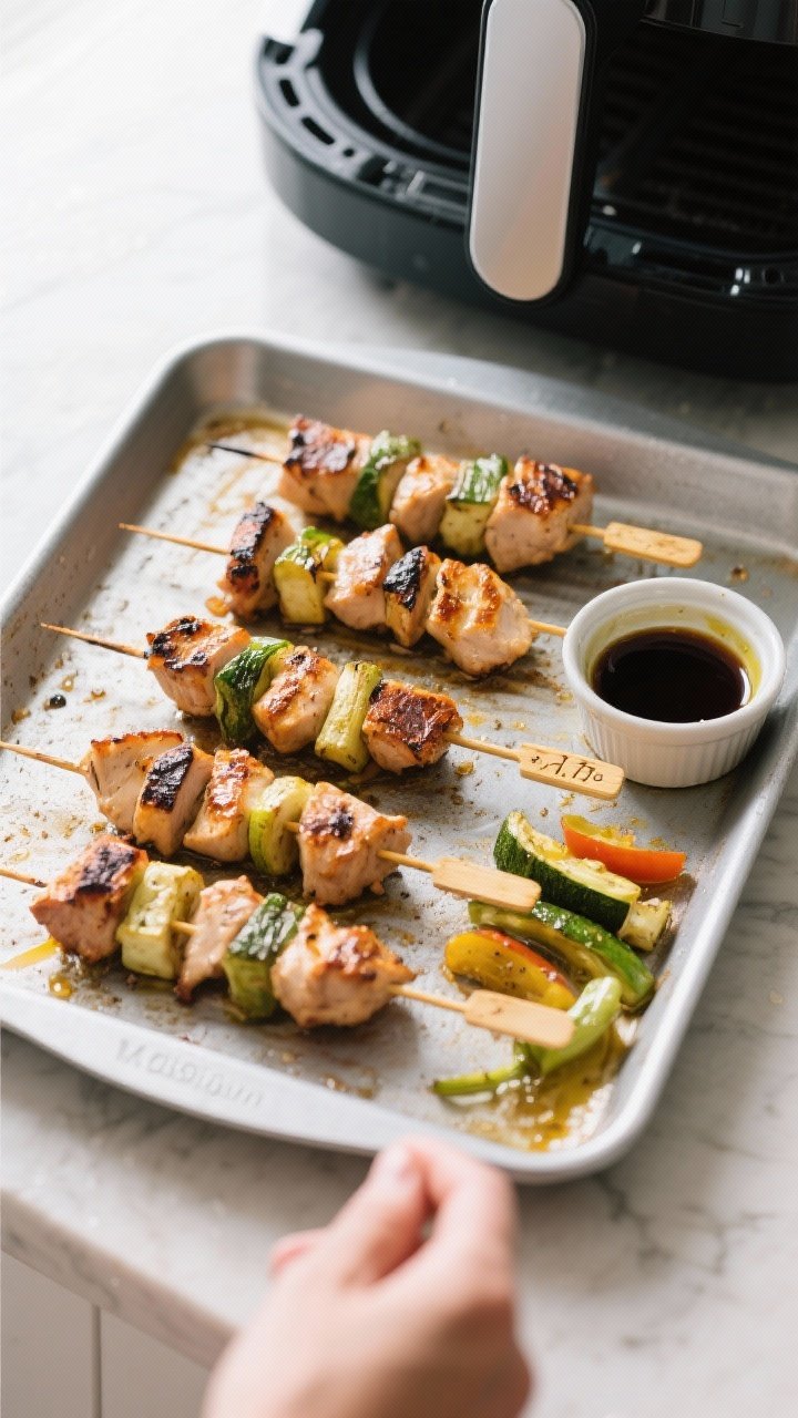 Cooking process: Overhead shot of skewers arranged in a single layer on an air fryer tray mid-cook a
