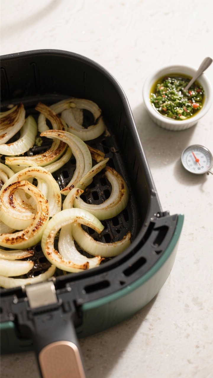 Cooking process: Overhead shot of sliced onions mid-cook in the air fryer basket at 380°F, edges li