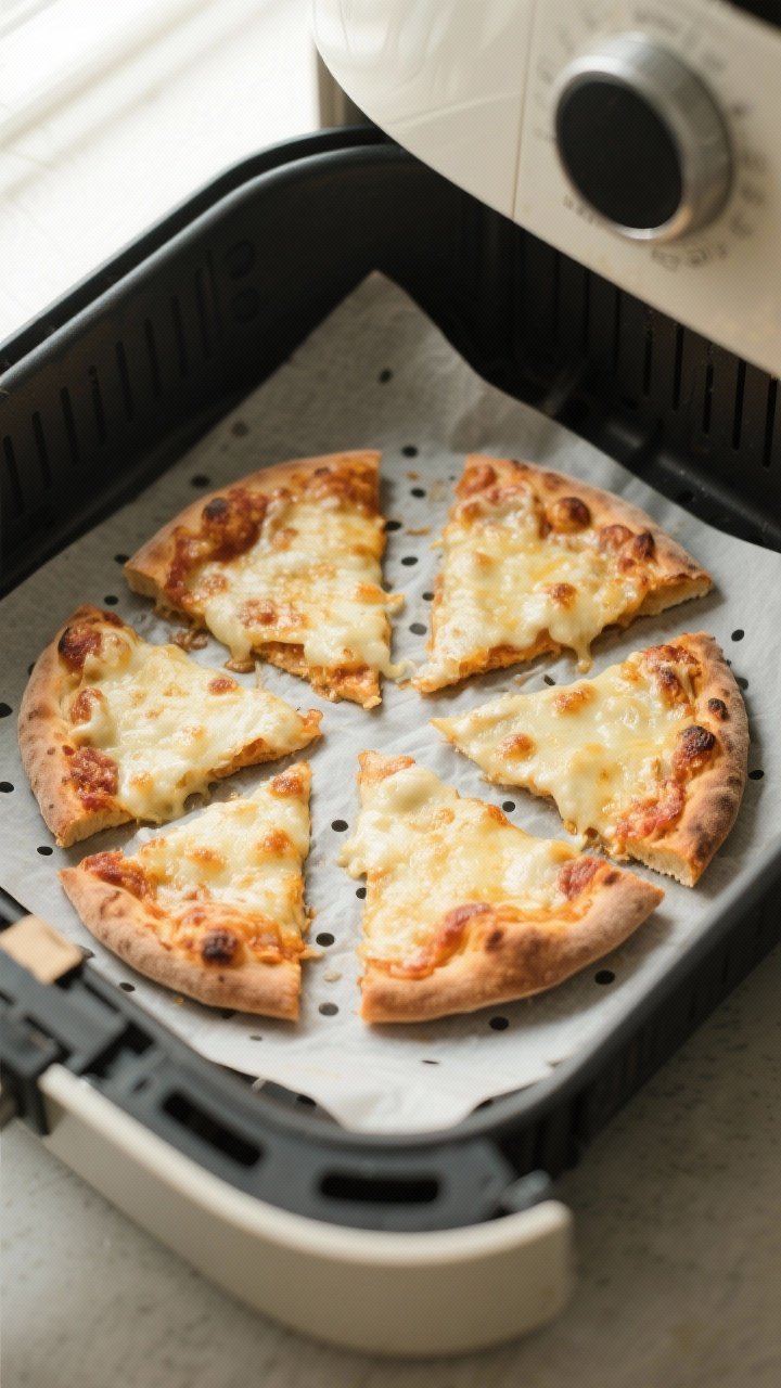 Cooking process: Overhead shot of sliced pizza wheels mid-cook in an air fryer basket at 375°F, arr