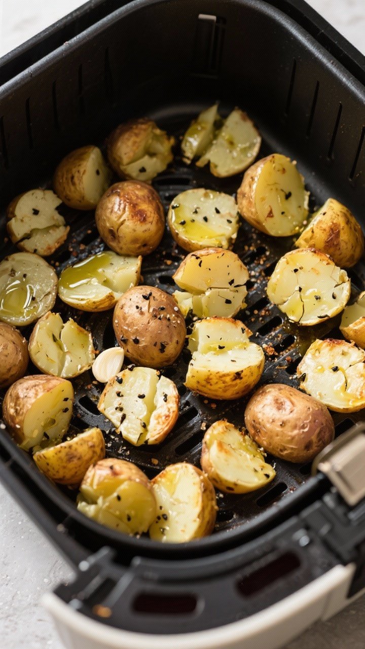 Cooking process: Overhead shot of smashed baby potatoes arranged in a single layer in an air fryer b