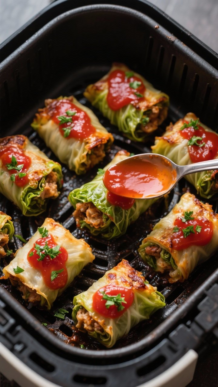 Cooking process: Overhead shot of stuffed cabbage rolls arranged in the air fryer basket with space 