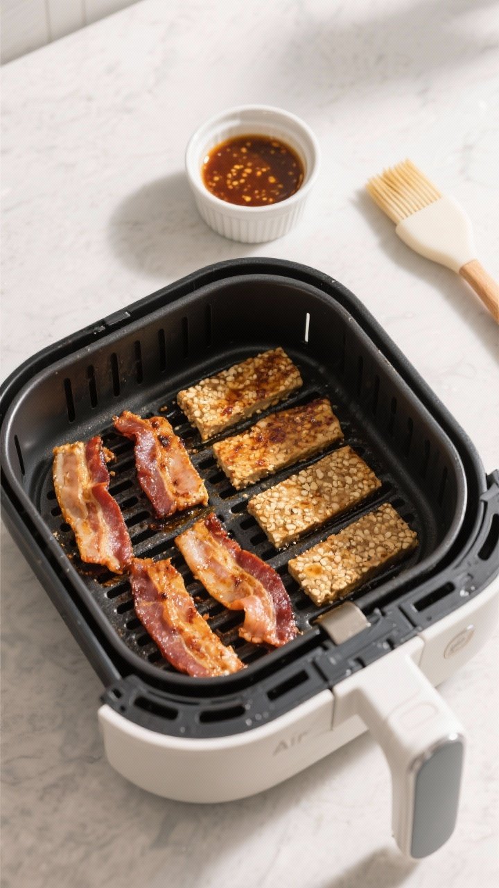 Cooking process: Overhead shot of tempeh bacon mid-cook in an air fryer at 375°F, slices arranged i
