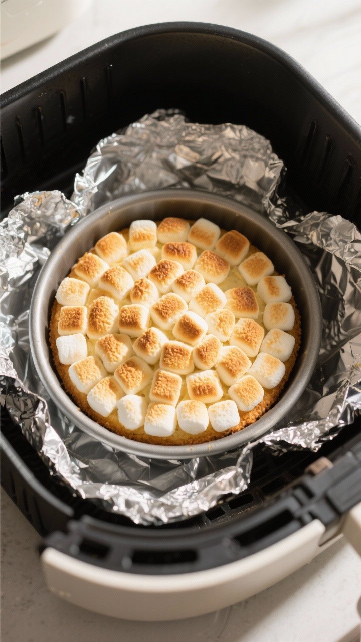 Cooking process: Overhead shot of the 6-inch cake pan inside an air fryer basket mid-bake at 320°F,