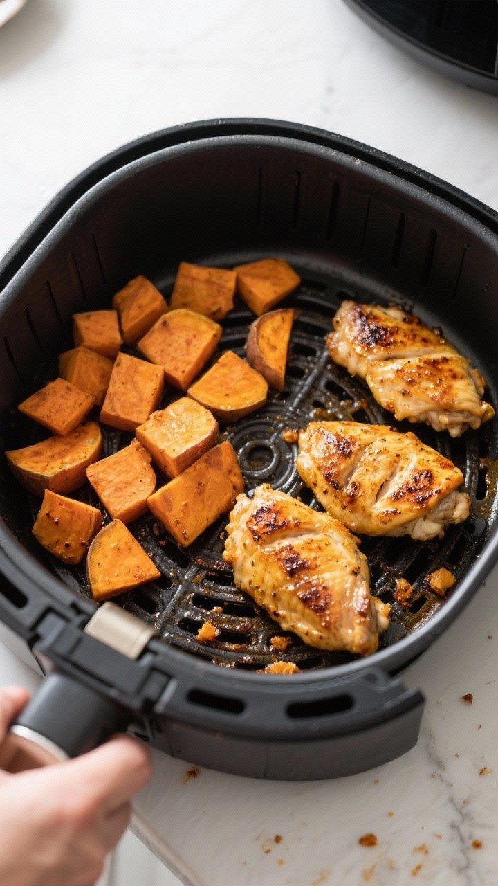 Cooking process: Overhead shot of the air fryer basket mid-cook at 380°F—golden-brown sweet potat