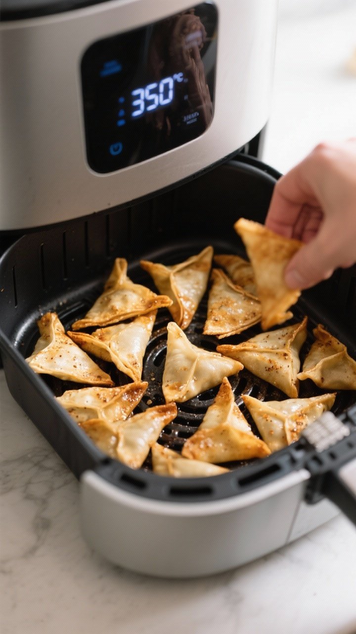 Cooking process: Overhead shot of the air fryer basket mid-cook, a single layer of oiled, seasoned w