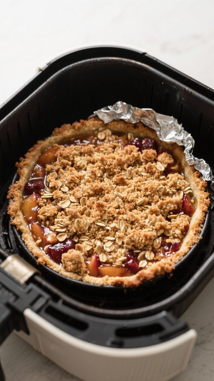 Cooking process: Overhead shot of the assembled crumble mid-cook in the air fryer at 350°F, showing