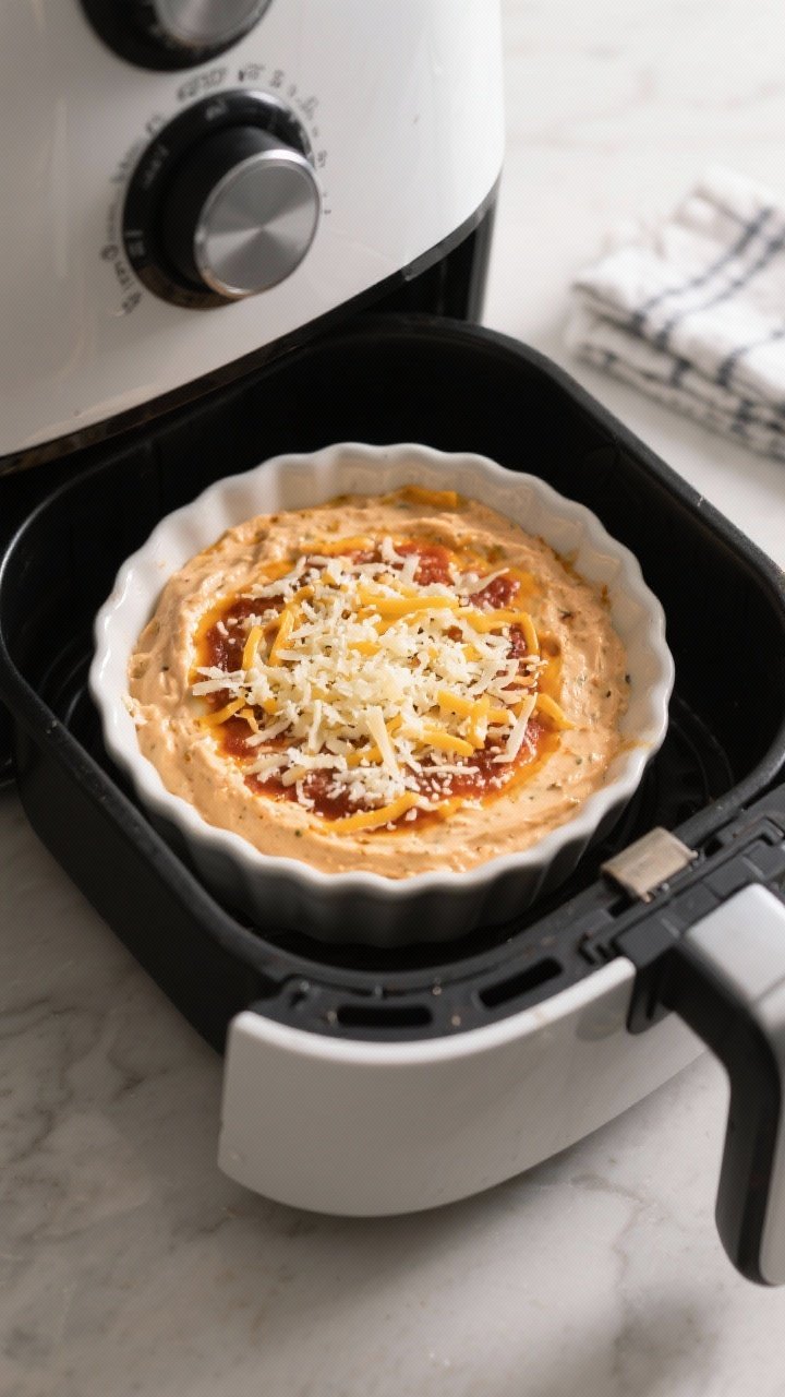 Cooking process: Overhead shot of the assembled dip going into the air fryer—mixture smoothed in a