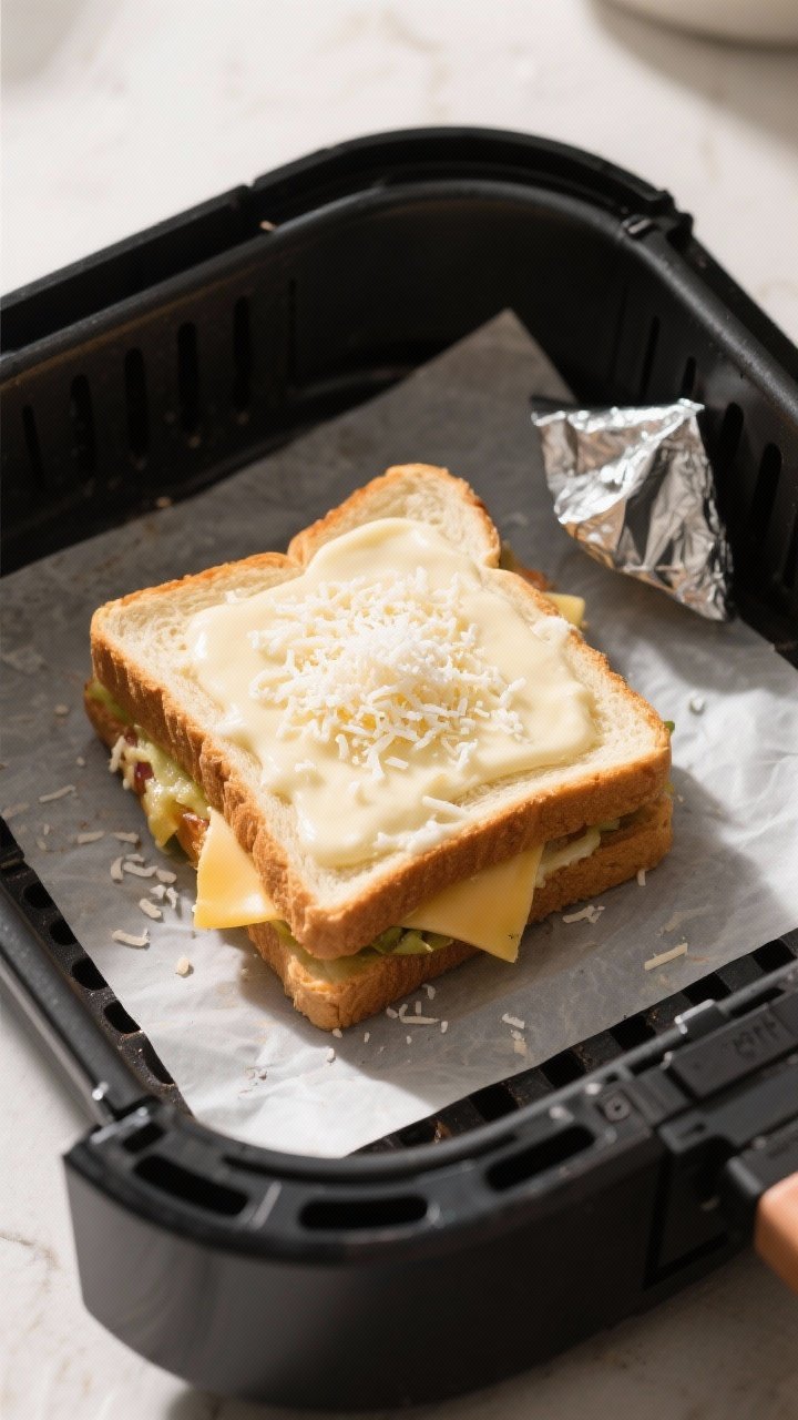 Cooking process: Overhead shot of the assembled sandwich in an air fryer basket at 360°F—top slic