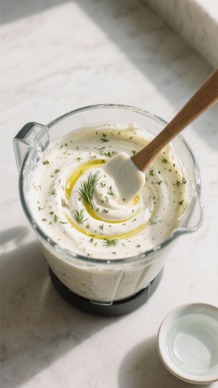 Cooking process: Overhead shot of the blended feta dressing just finished in a blender container, sp