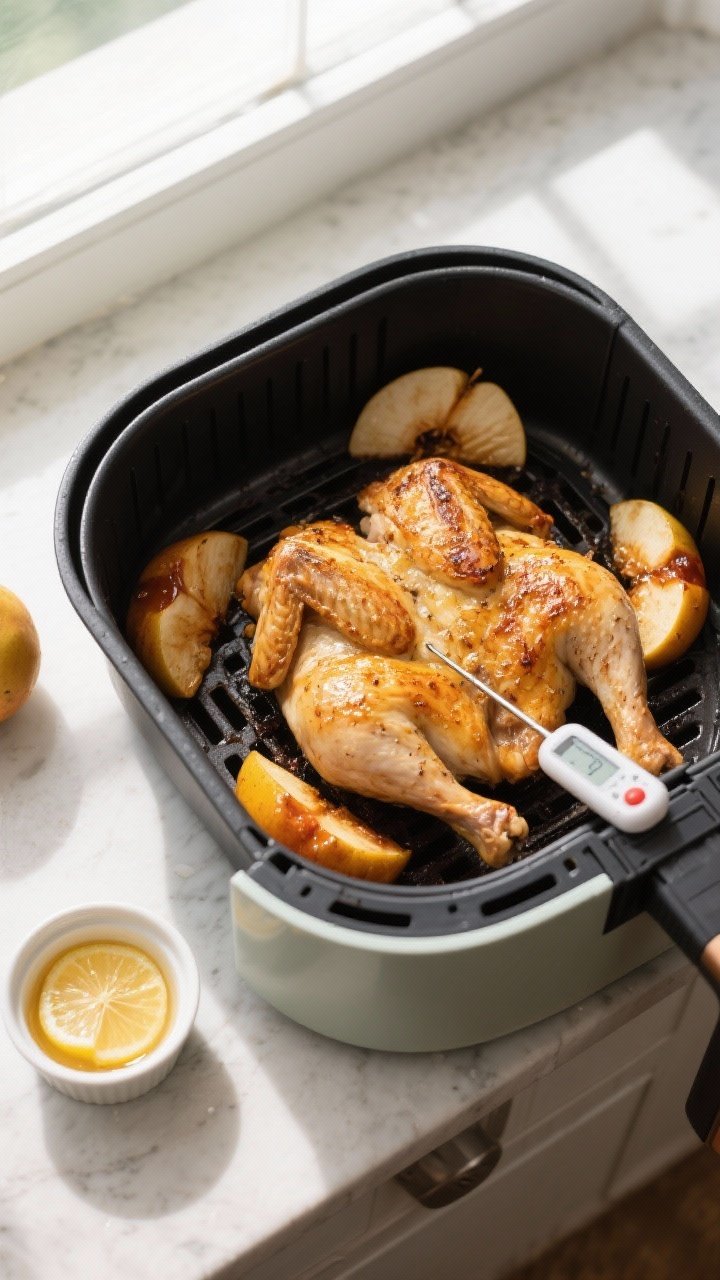Cooking process: Overhead shot of the butterflied chicken in the air fryer basket mid-cook, skin-sid