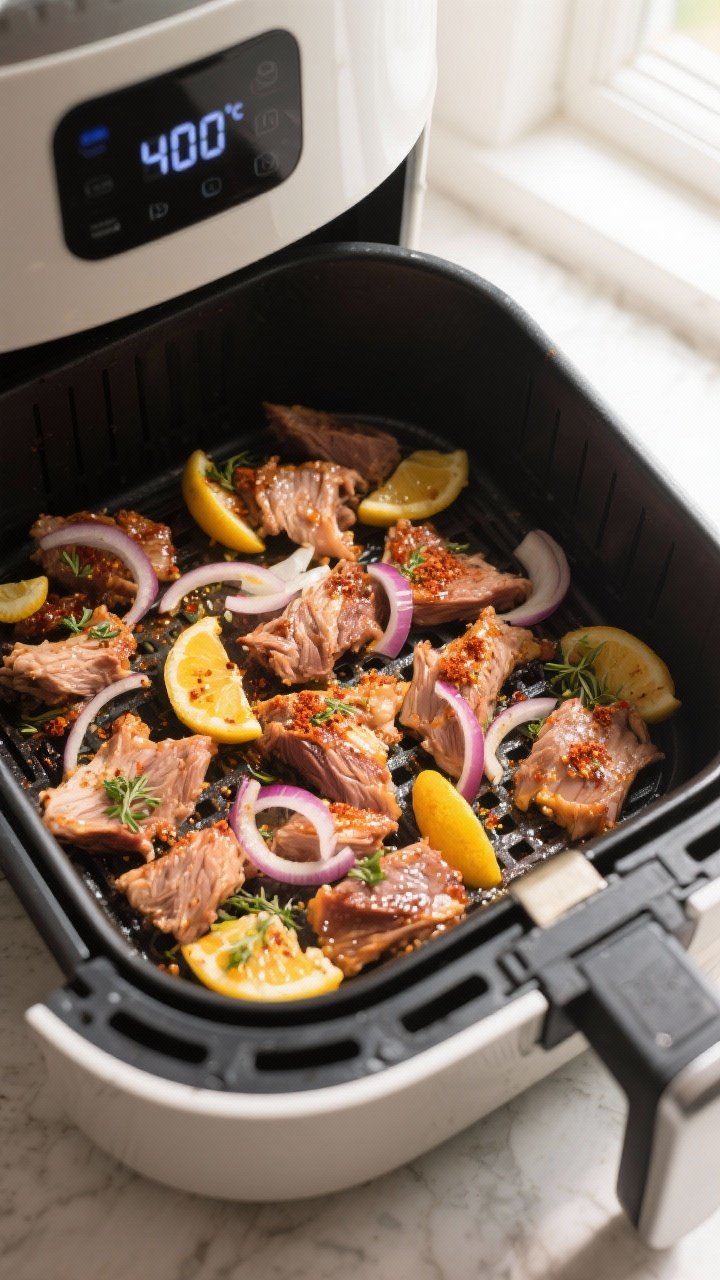 Cooking process: Overhead shot of the carnitas in the air fryer basket midway through cooking (post-