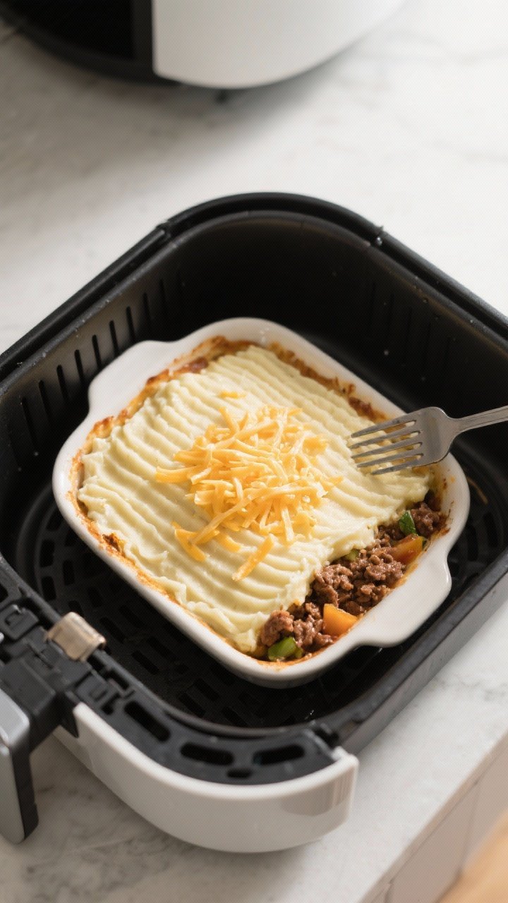Cooking process: Overhead shot of the cottage pie just placed into the air fryer basket in a shallow