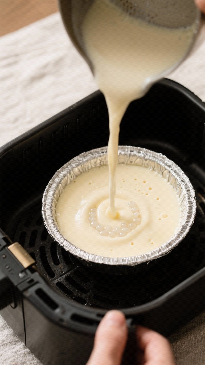 Cooking process: Overhead shot of the custard-and-sago mixture poured into a buttered 6–7 inch ove