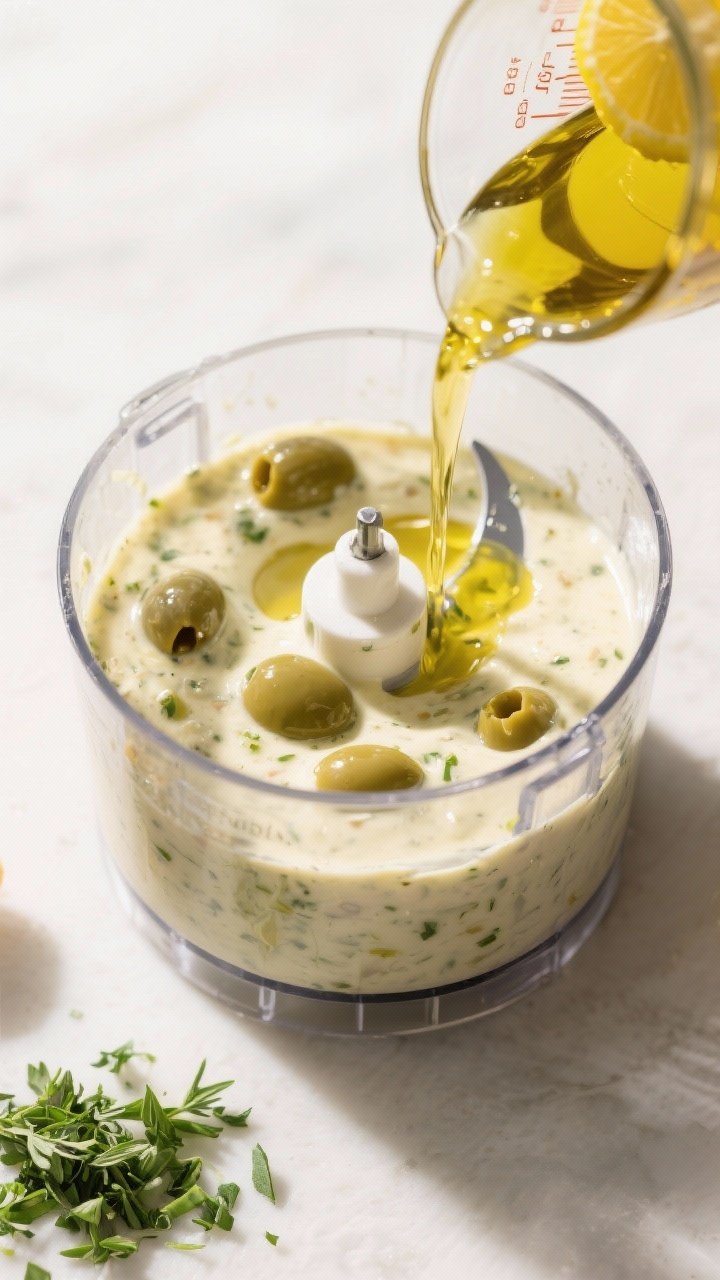 Cooking process: Overhead shot of the dressing mid-emulsion in a small food processor—creamy, slig